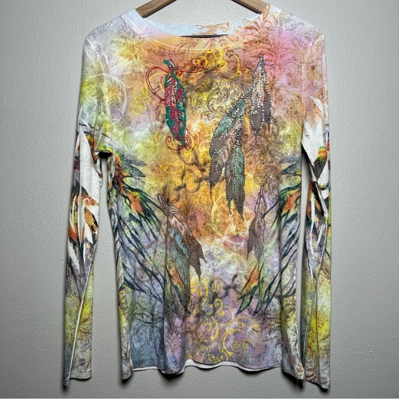Y2K Women Top Large White Stretchy Art Sublimation Grunge Cyber Rib Knit Sequins - Picture 1 of 9